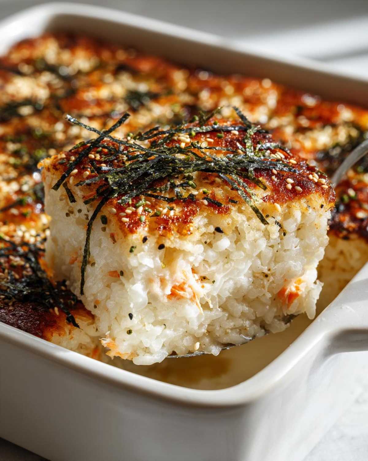 A spoonful lifting a square piece of baked sushi bake casserole out of a white casserole dish, topped with seaweed and sesame seeds.