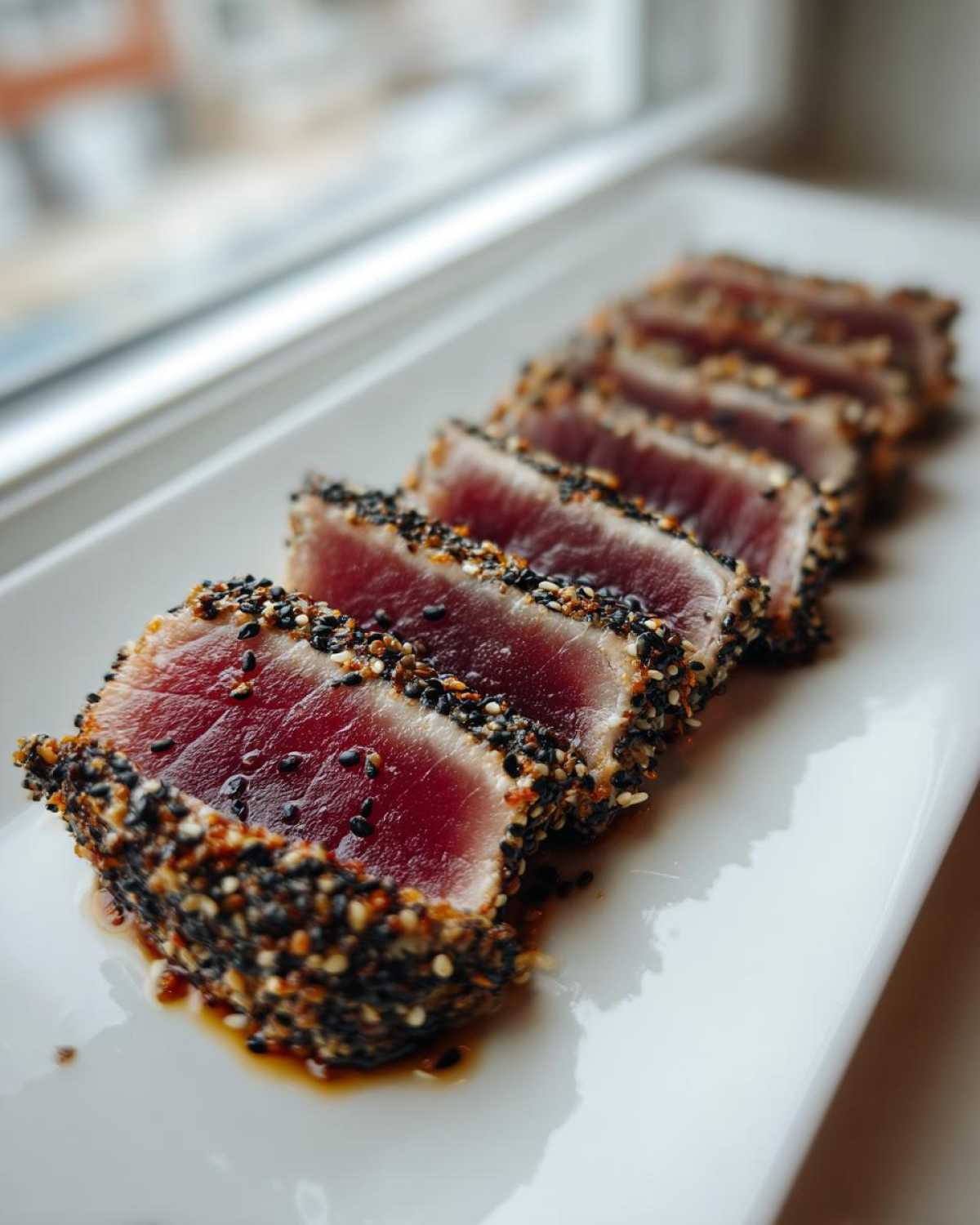 Slices of sesame-crusted tuna tataki with a deep red center, served on a white plate.