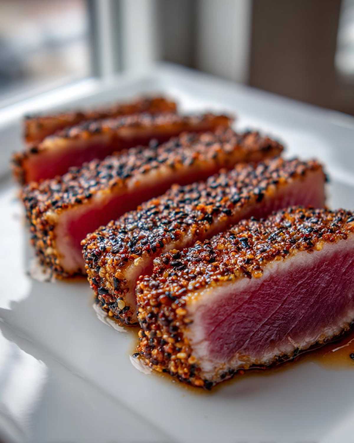 Close-up of four slices of sesame-crusted tuna tataki showing a bright pink, rare center.