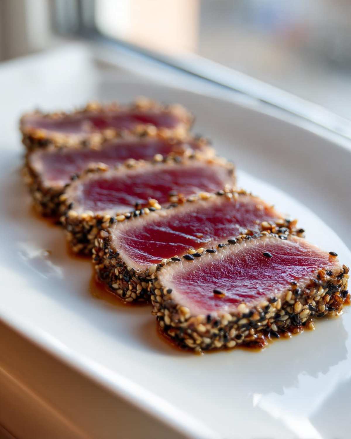 Four slices of sesame-crusted tuna tataki, perfectly seared with a rare center, arranged on a white plate.