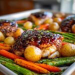 Close-up of Sheet Pan Easter Dinner Chicken with a dark glaze, surrounded by roasted baby potatoes, carrots, and asparagus.