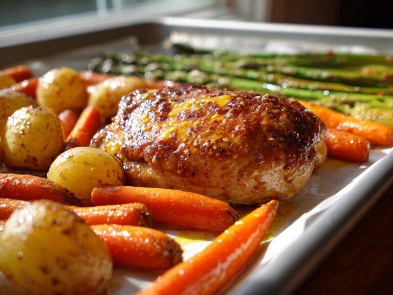 Close-up of a glazed Sheet Pan Easter Dinner Chicken surrounded by roasted baby potatoes, carrots, and asparagus.