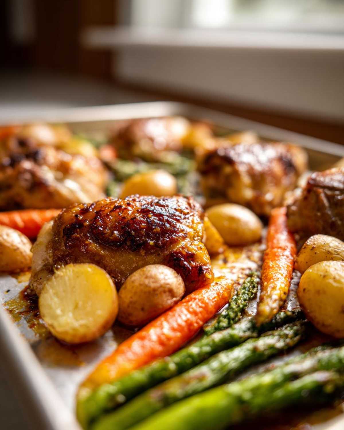 Close-up of glazed Sheet Pan Easter Dinner Chicken surrounded by roasted baby potatoes, carrots, and asparagus.