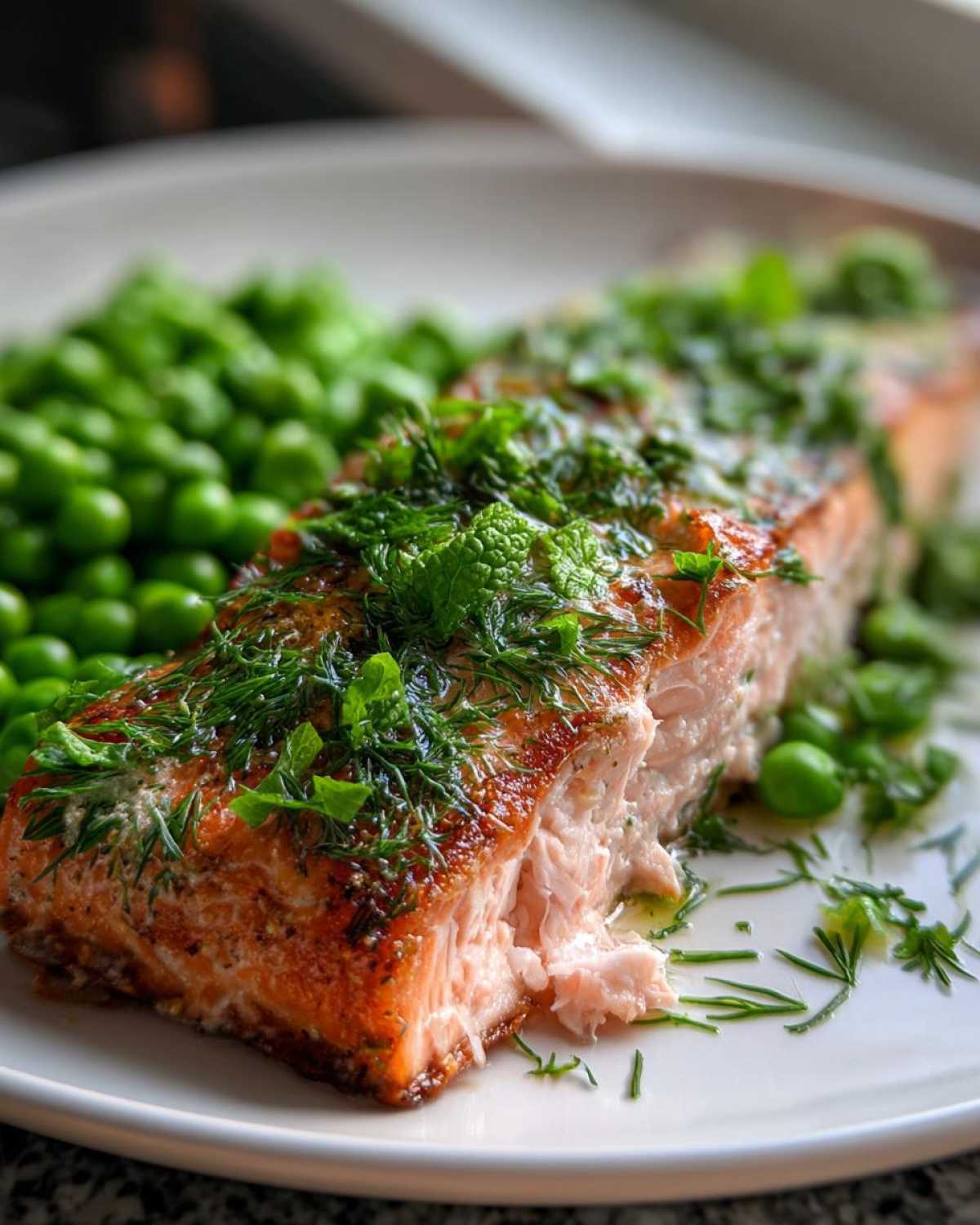 A close-up of perfectly cooked Sheet Pan Salmon with Spring Peas, topped with fresh dill and mint.