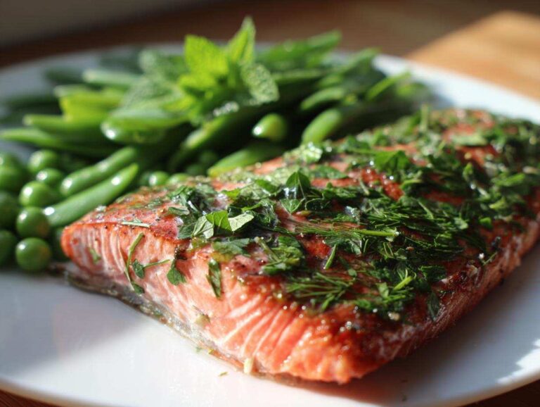 A close-up of perfectly cooked Sheet Pan Salmon with Spring Peas, topped with fresh herbs.
