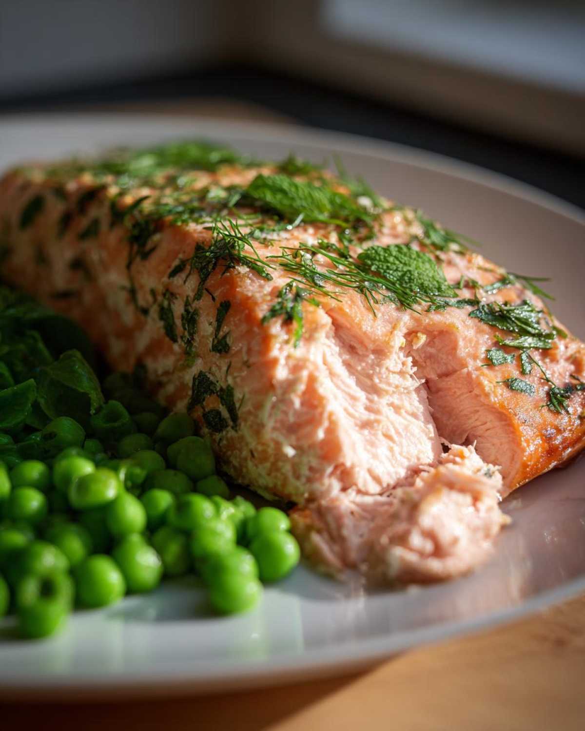 Close-up of flaky Sheet Pan Salmon with Spring Peas, garnished with fresh dill and mint.