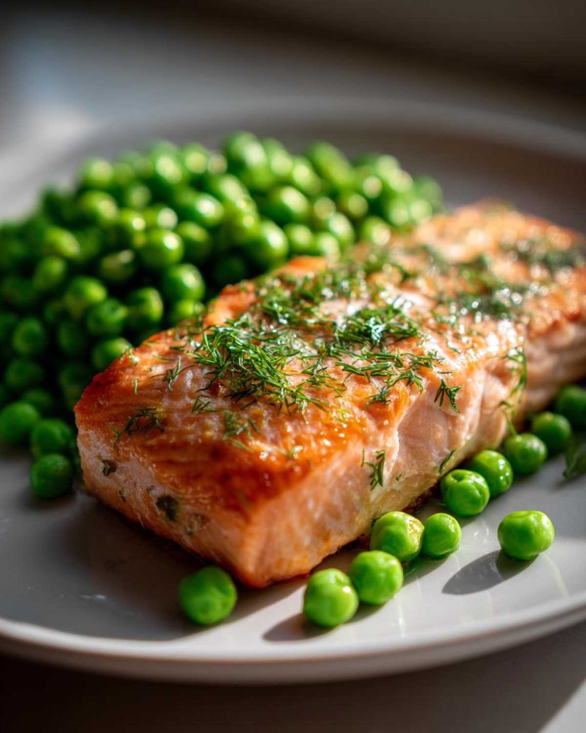 Close-up of a perfectly cooked fillet of Sheet Pan Salmon with Spring Peas, topped with fresh dill.