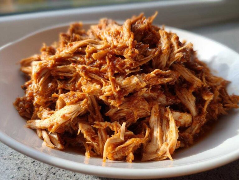 Close-up of a mound of tender, shredded bbq chicken coated in rich sauce, served on a white plate.