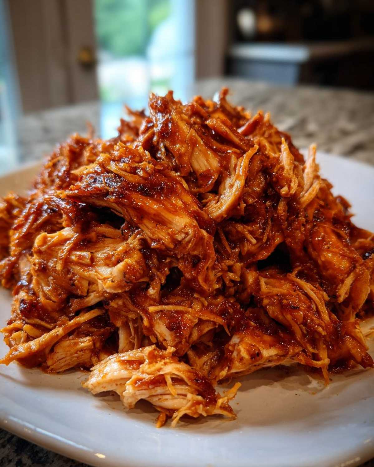 Close-up of a mound of saucy, shredded bbq chicken piled high on a white plate.