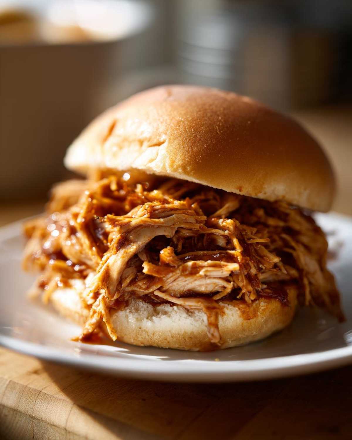 Close-up of a juicy shredded bbq chicken sandwich piled high on a soft bun, served on a white plate.