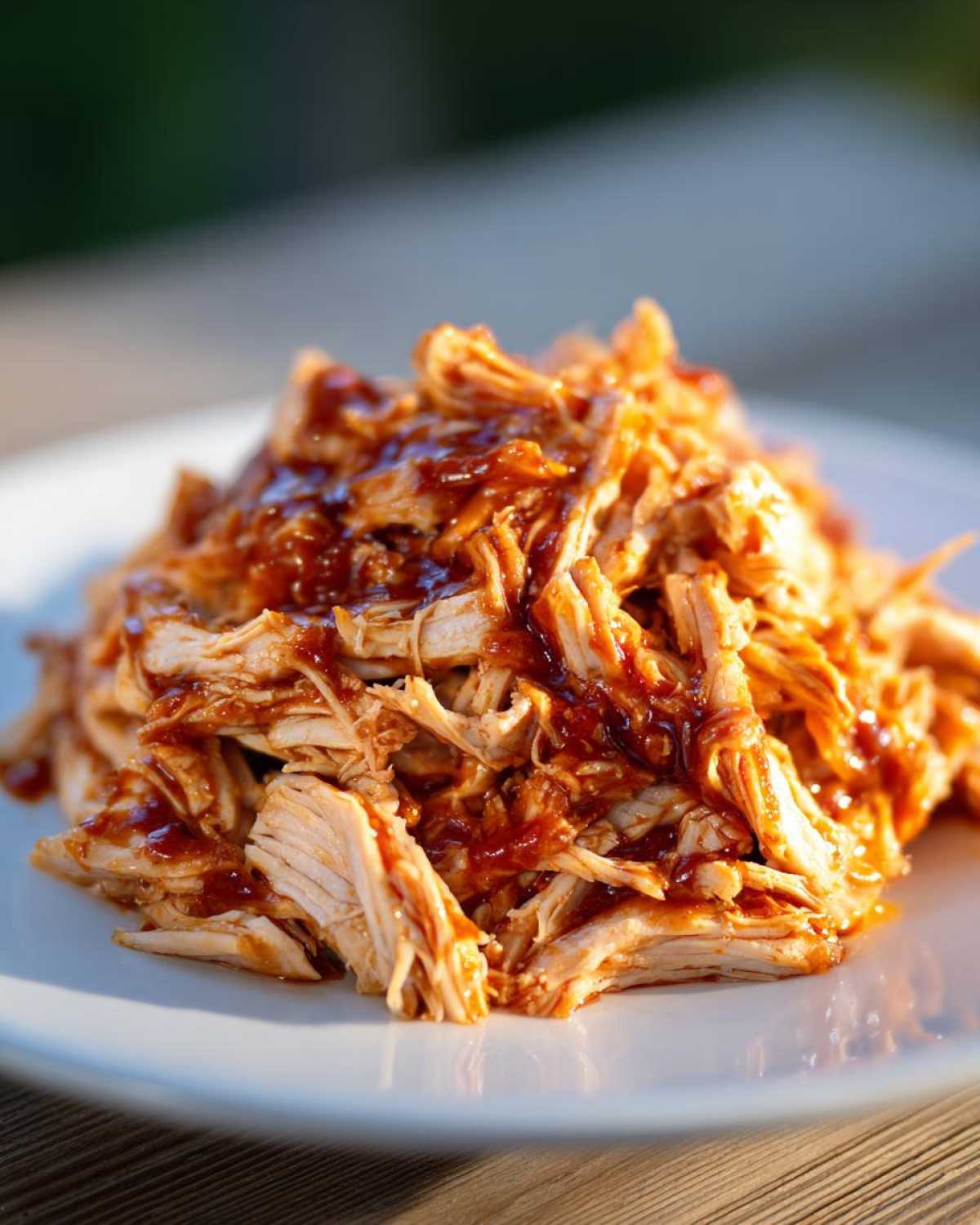 Close-up of tender shredded bbq chicken generously coated in a glossy, dark bbq sauce, served on a white plate.
