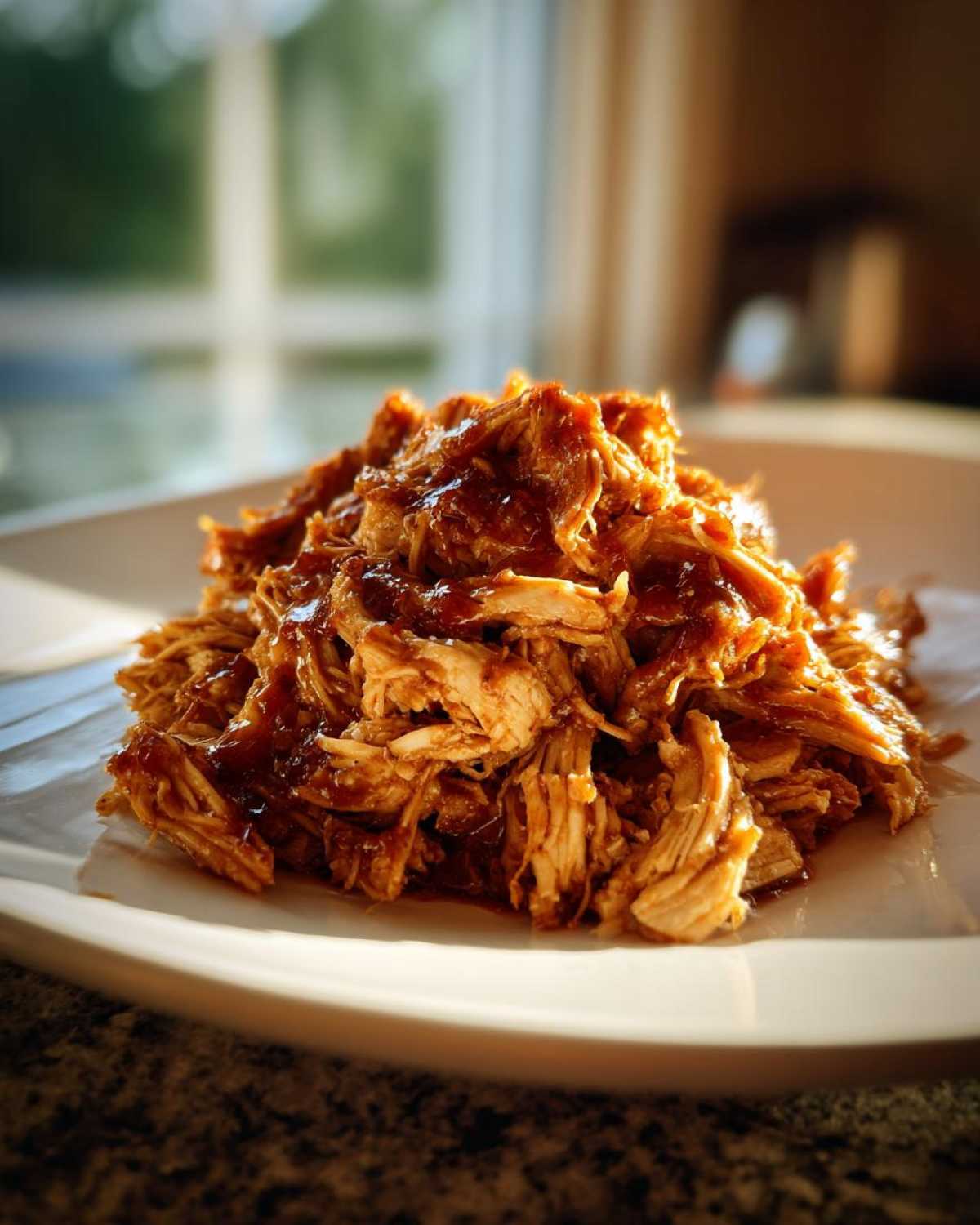 A close-up, warmly lit photo of a mound of shredded bbq chicken coated in sauce on a white plate.