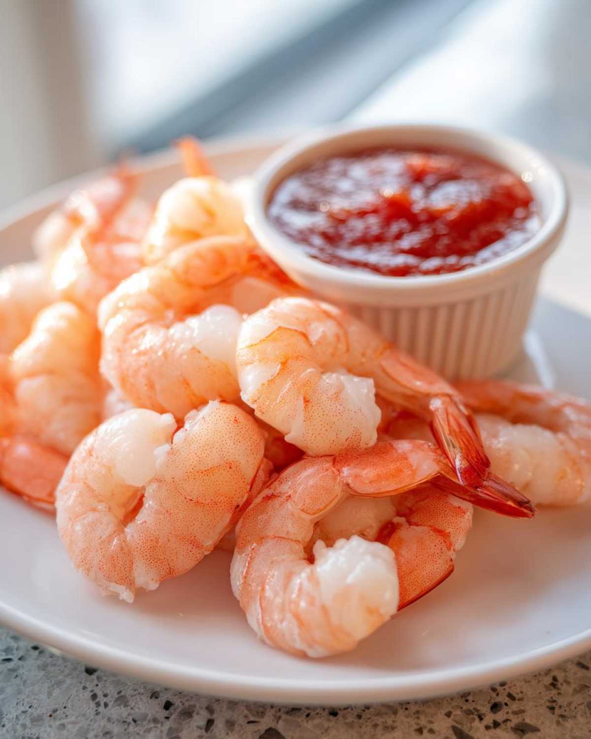 Close-up of peeled, cooked shrimp piled on a white plate next to a small cup of cocktail sauce for shrimp cocktail.