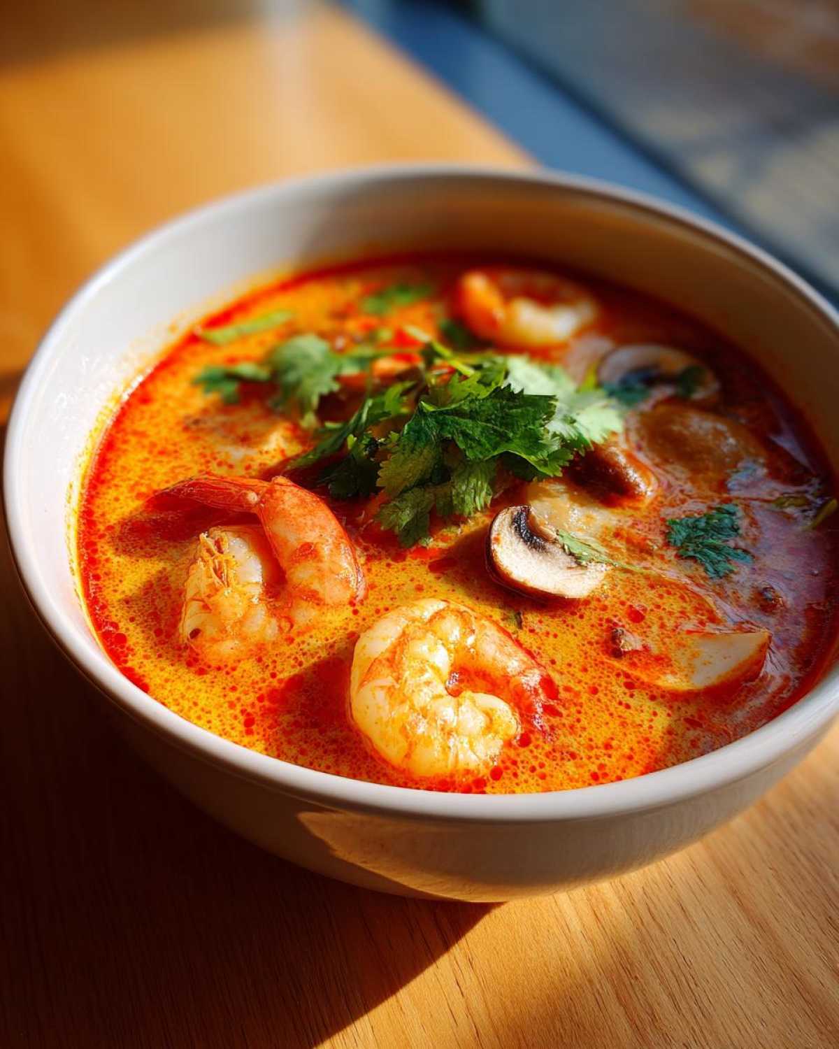 Close-up of a creamy, orange-red bowl of tom yum soup featuring large shrimp and sliced mushrooms, garnished with cilantro.