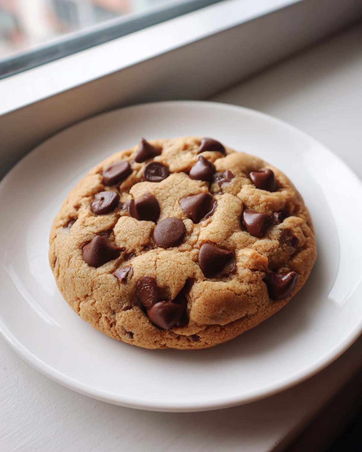 A freshly baked, soft Chocolate Chip Cookie loaded with melted chocolate chips, resting on a small white plate near a window.