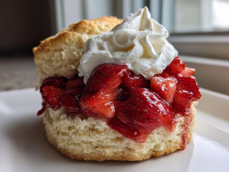 Close-up of a delicious strawberry shortcake featuring a fluffy biscuit, macerated strawberries, and a dollop of whipped cream.