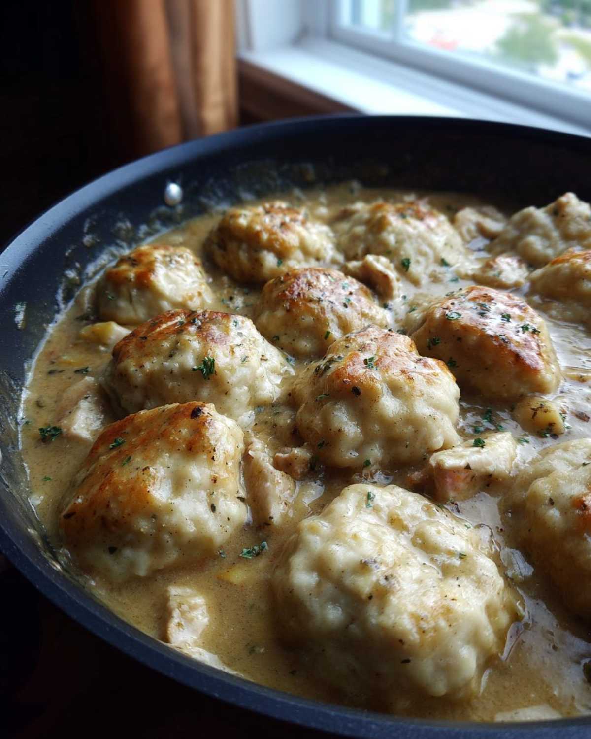 Close-up of golden-brown dumplings simmering in creamy sauce with chicken pieces, classic chicken and dumplings.