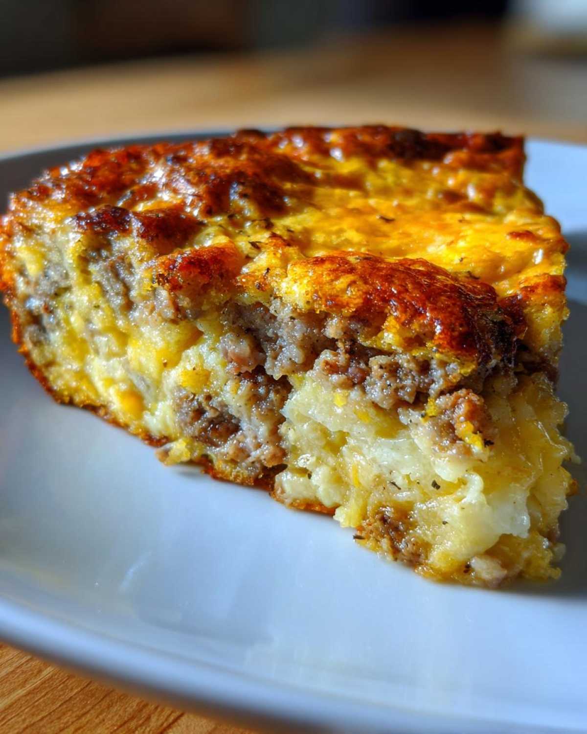 Close-up of a hearty slice of breakfast casserole with cream of mushroom, showing layers of sausage and egg bake.