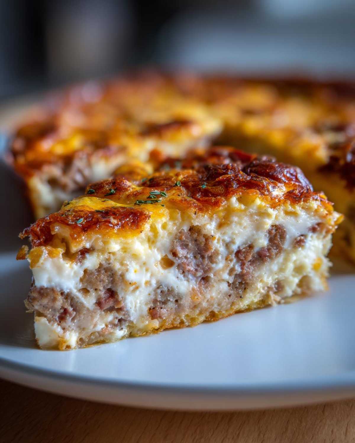 Close-up of a thick slice of breakfast casserole with cream of mushroom, showing layers of sausage, egg, and a golden-brown cheesy top.