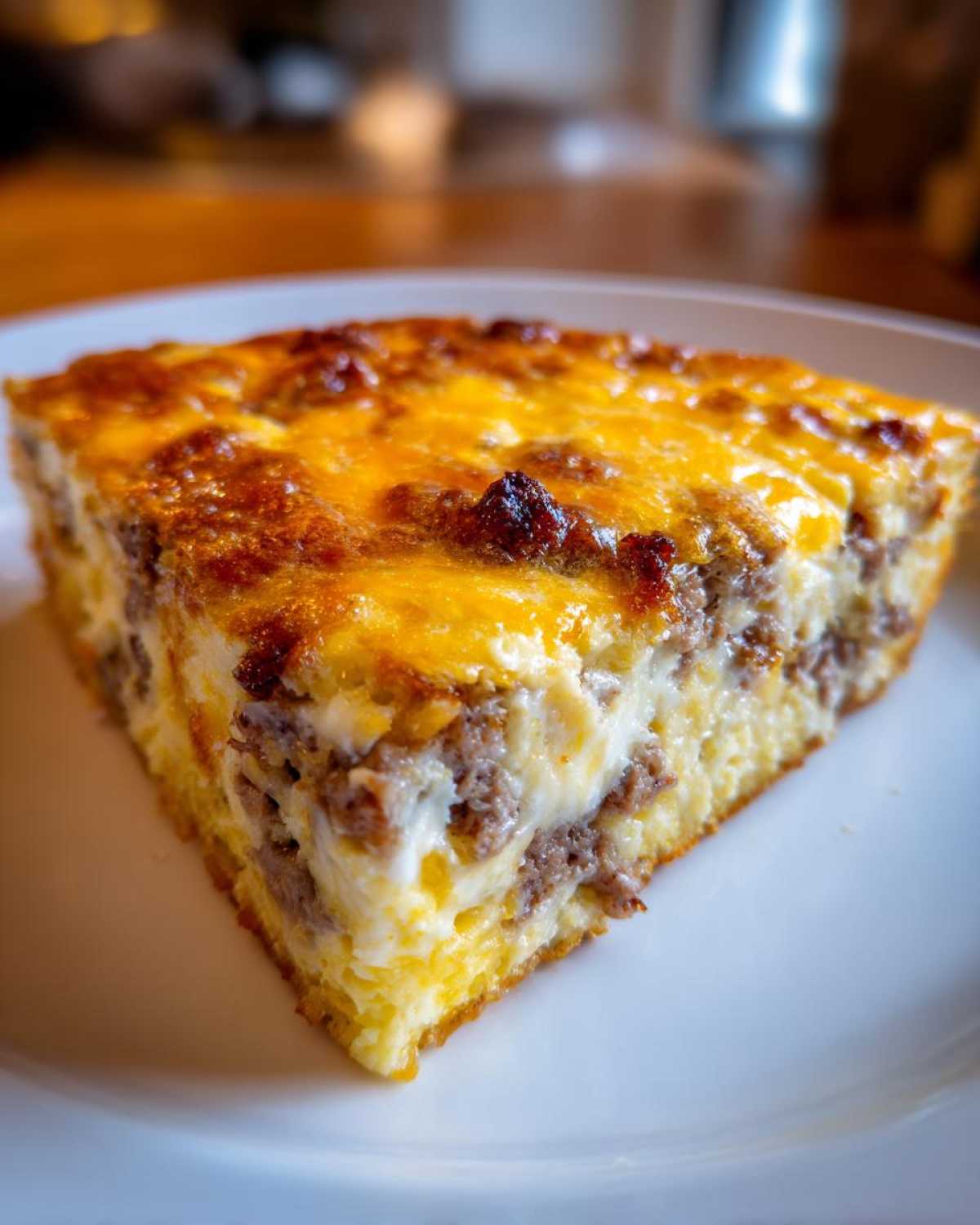 Close-up of a thick slice of breakfast casserole with cream of mushroom, showing layers of egg, sausage, and melted golden cheese.