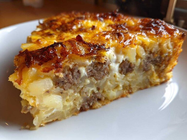 Close-up of a hearty slice of breakfast casserole with cream of mushroom, showing layers of sausage, potatoes, and a golden-brown cheesy top.