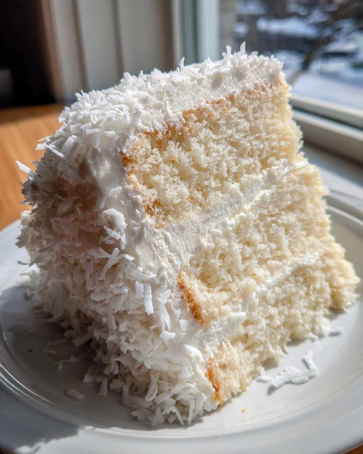 Close-up of a moist slice of coconut cake recipe, layered with frosting and covered in shredded coconut.