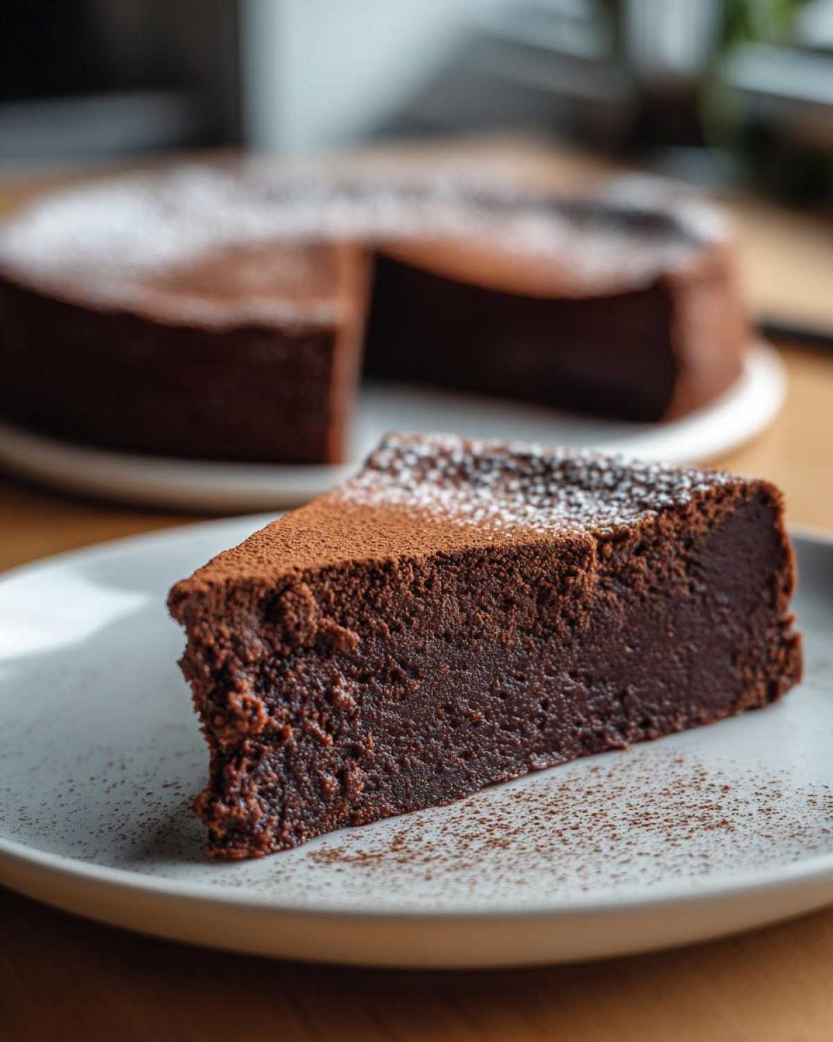 Close-up of a dense slice of flourless chocolate cake dusted with cocoa powder on a light plate.