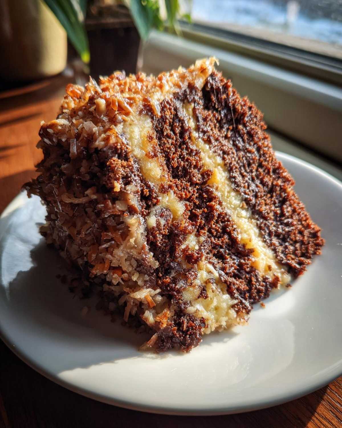 A decadent slice of moist german chocolate cake featuring dark layers and a thick coconut-pecan filling.