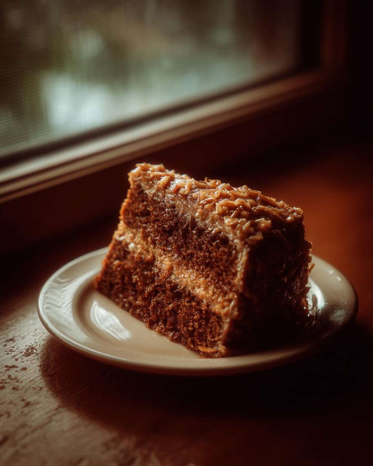A dark, moody shot of a slice of german chocolate cake topped with pecan and coconut frosting on a small plate.