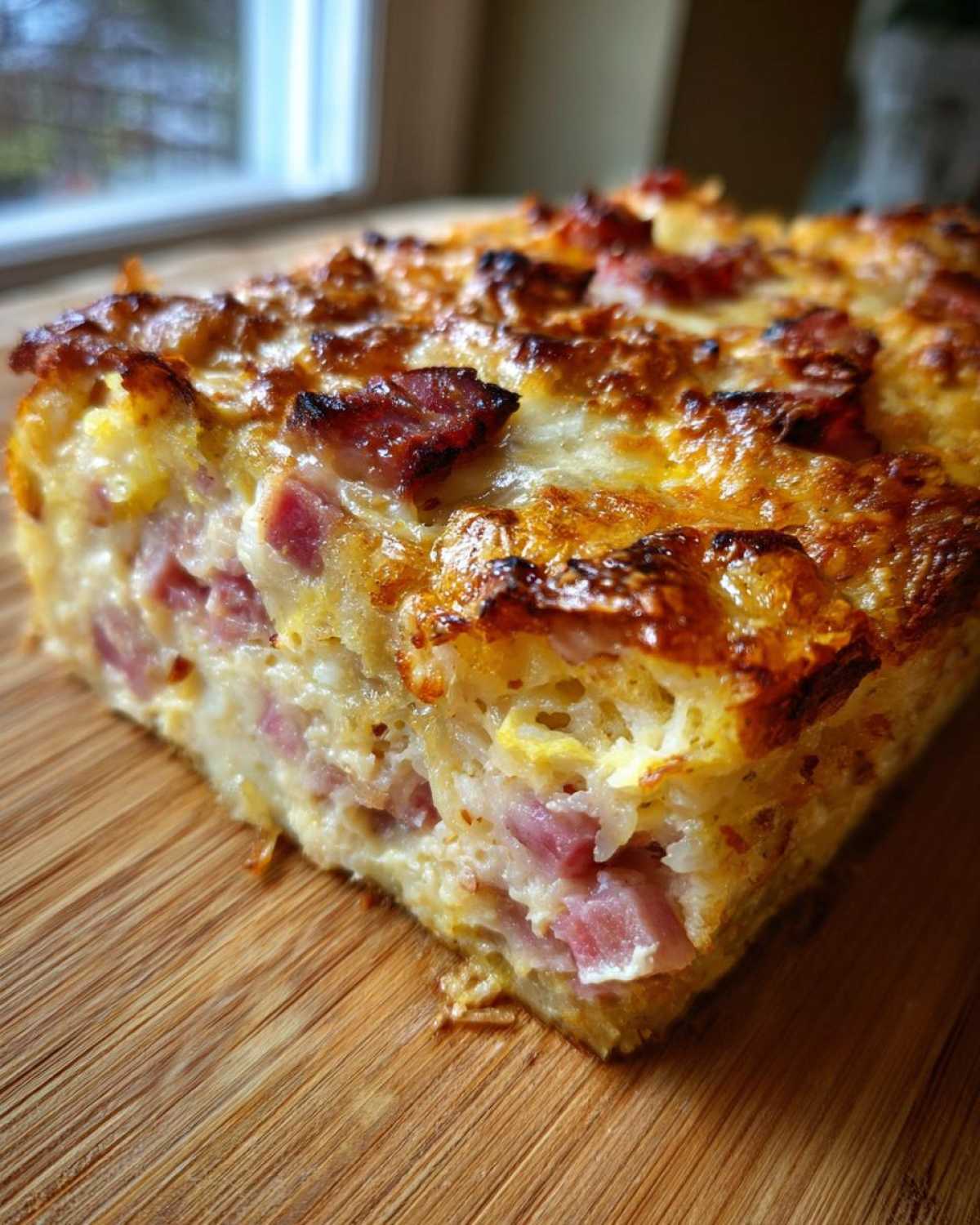 Close-up of a thick slice of homemade Reuben bake showing layers of corned beef and melted cheese.