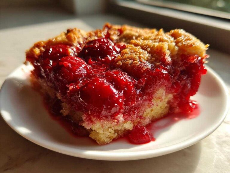 A close-up of a moist slice of cherry dump cake with a golden crumb topping, served on a white plate.