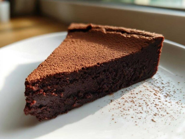 A decadent slice of flourless chocolate cake, dense and dark, dusted heavily with cocoa powder on a white plate.