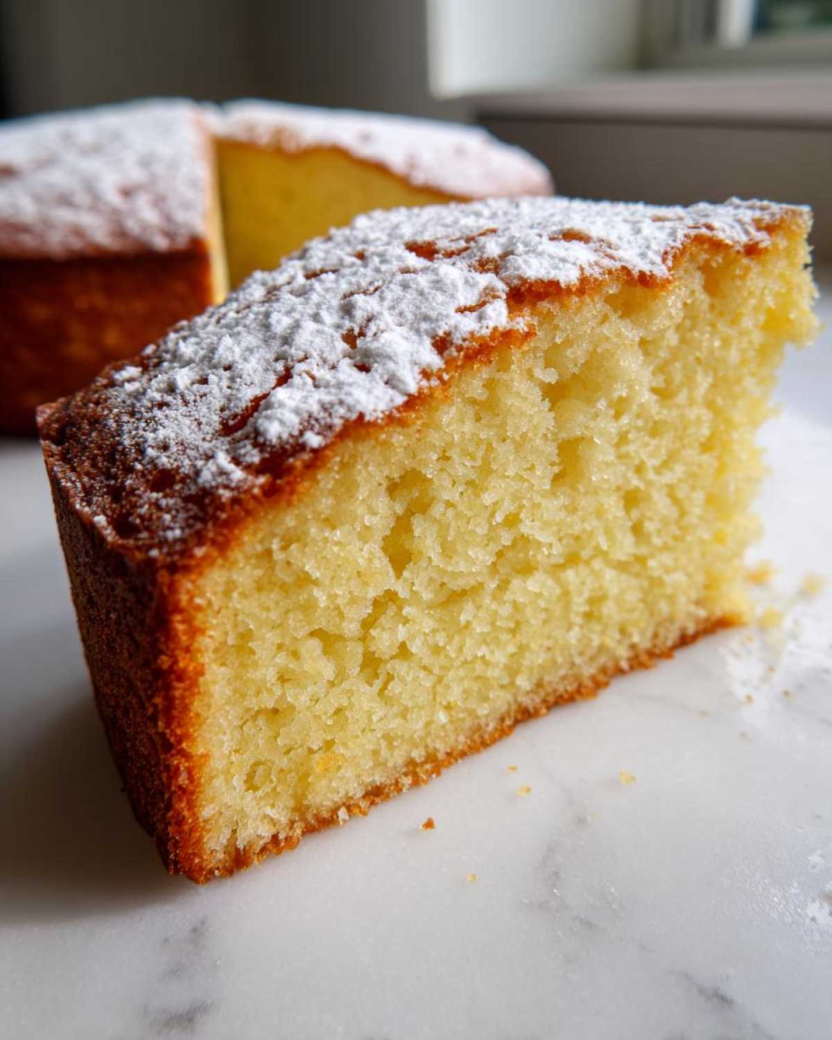 Close-up of a moist slice of olive oil cake dusted with powdered sugar, with the rest of the cake in the background.
