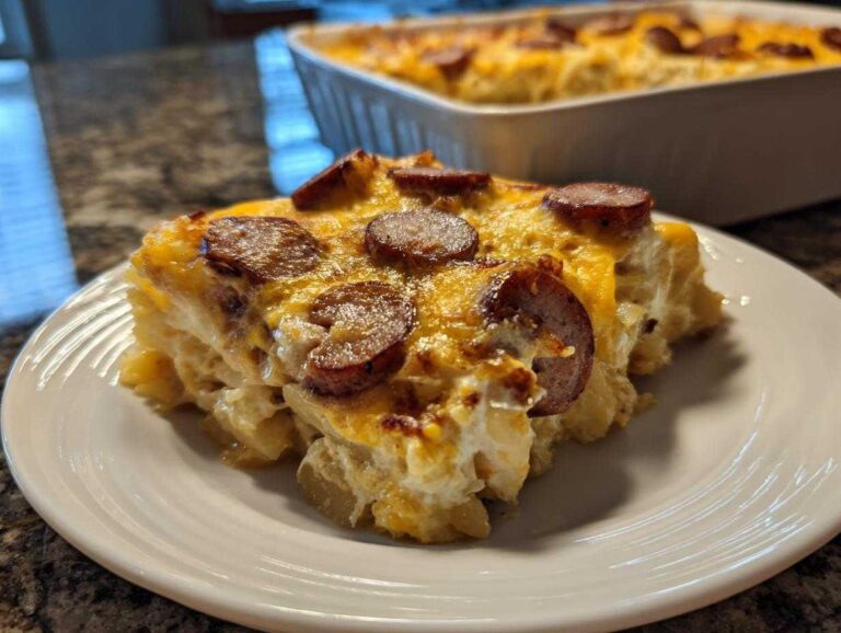 A hearty slice of pierogi casserole topped with melted cheese and sliced smoked sausage on a white plate.