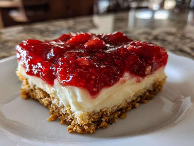 A close-up of a square slice of pretzel salad showing the bottom pretzel crust, creamy layer, and bright red strawberry topping.