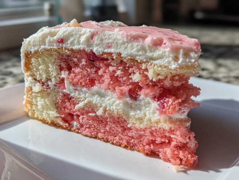 Amazing 28-Minute Strawberry Cake From Scratch Close-up of a moist slice of strawberry cake showing pink and white layers and thick white frosting.