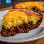A close-up slice of tamale pie showing a thick layer of savory meat filling topped with a golden, baked cornbread crust.
