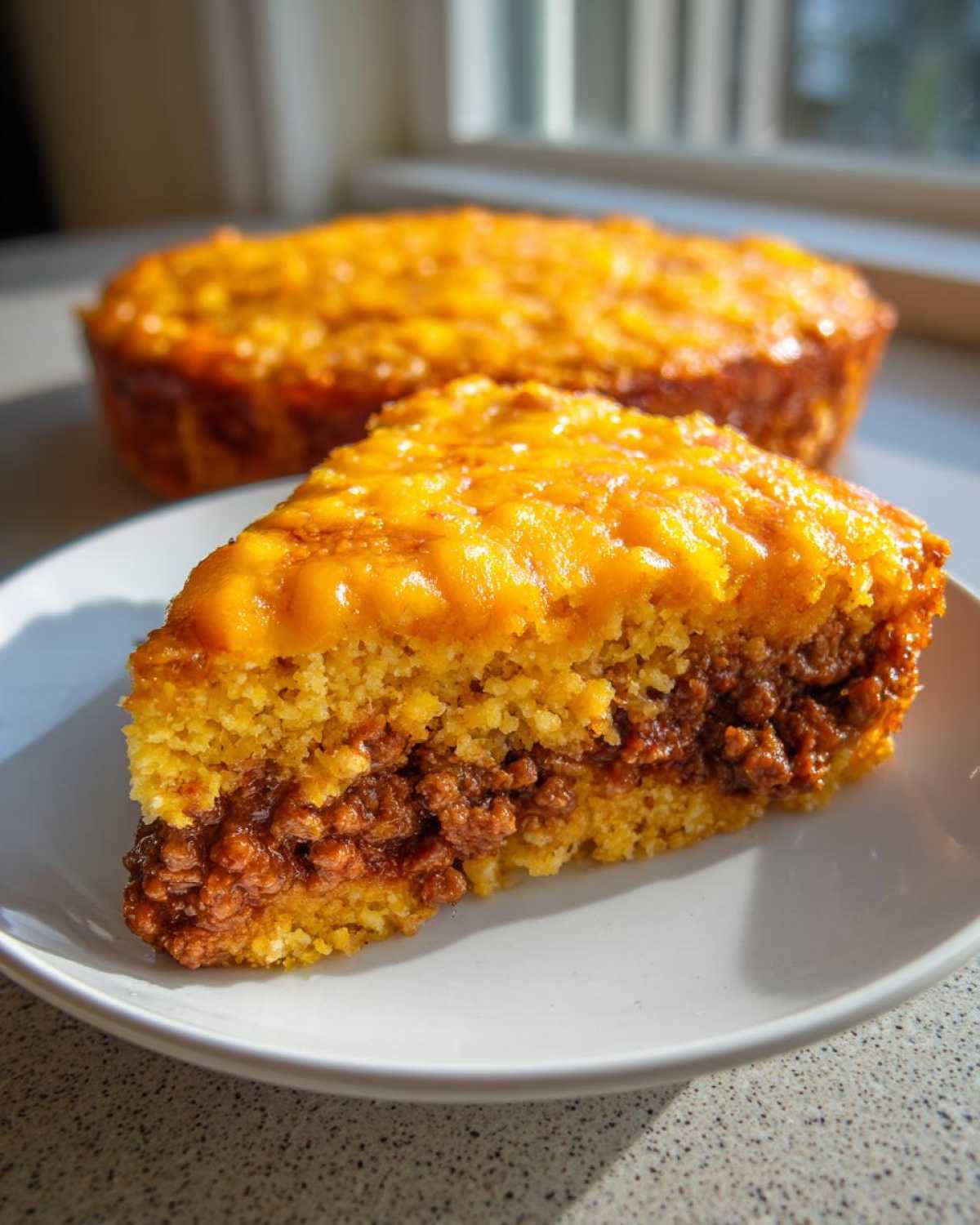 A close-up slice of tamale pie showing a savory meat filling between two layers of golden cornbread.