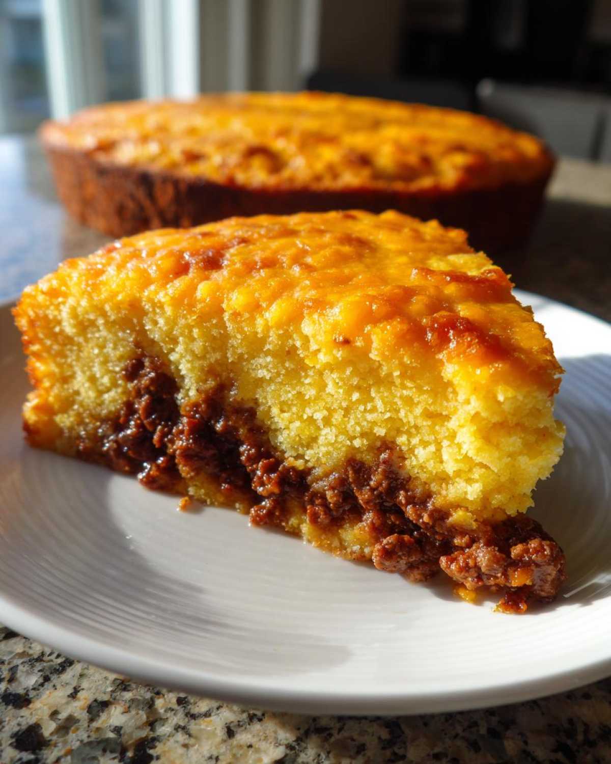 A close-up slice of golden tamale pie showing the cornbread topping and rich, seasoned meat filling.