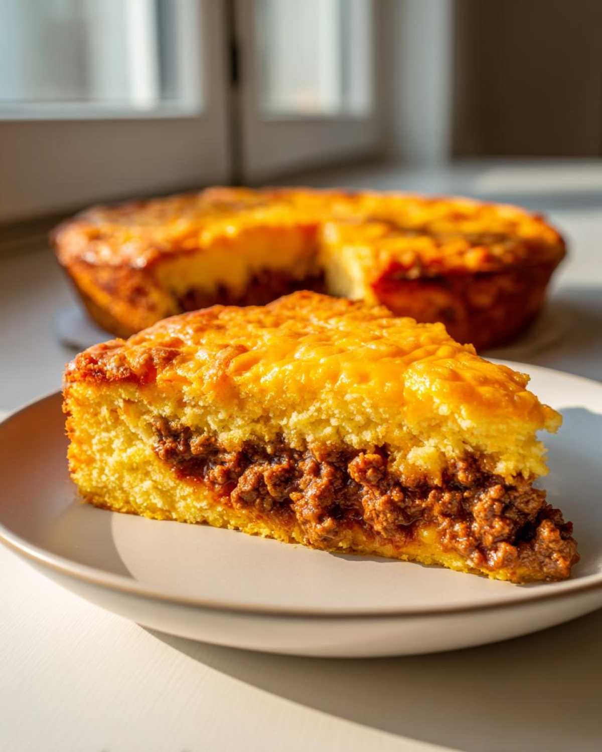 A thick slice of tamale pie showing a savory meat filling layered between two cornbread sections, topped with melted cheese.