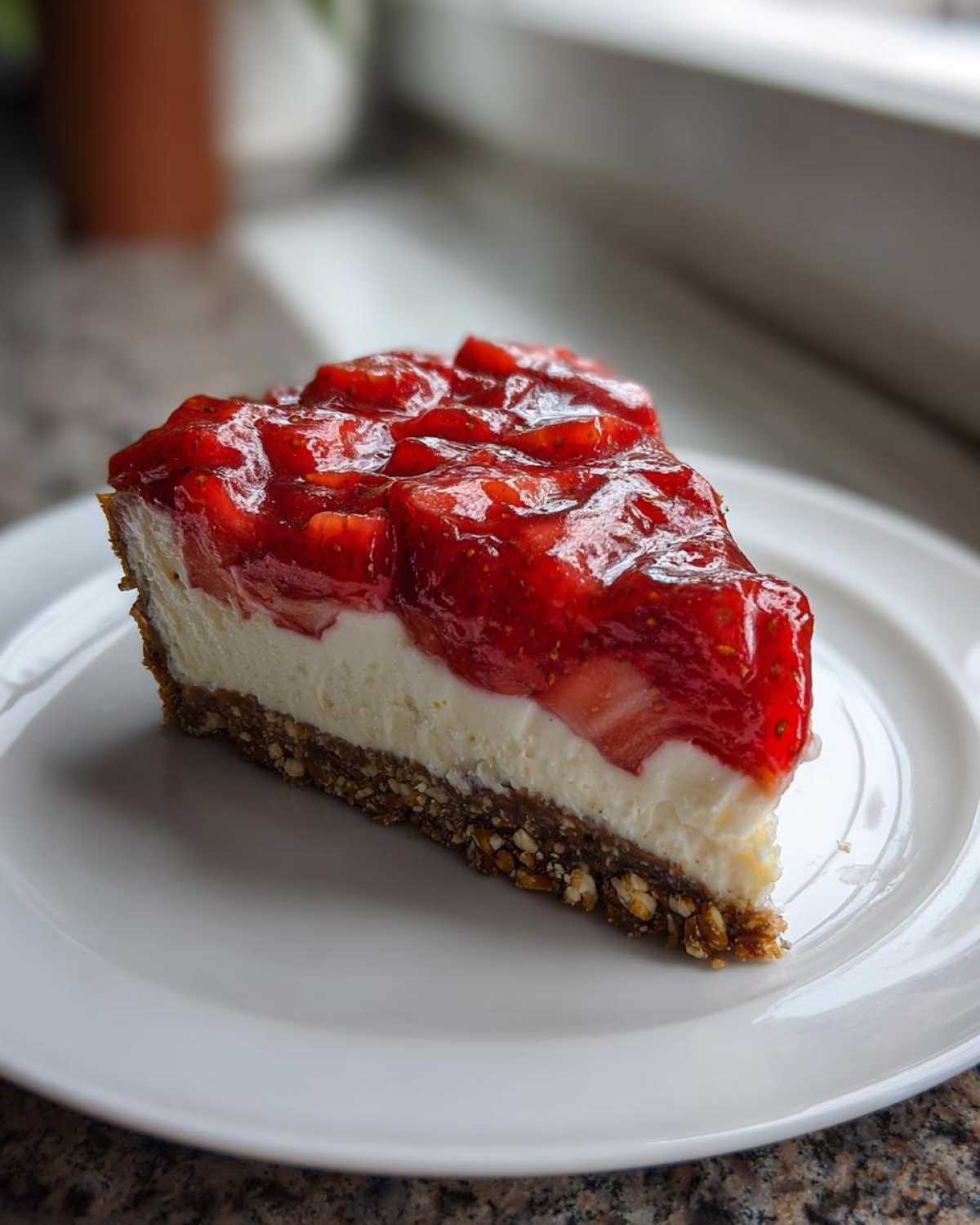 A slice of creamy pretzel salad featuring a thick pretzel crust, white cream cheese layer, and bright red strawberry topping.