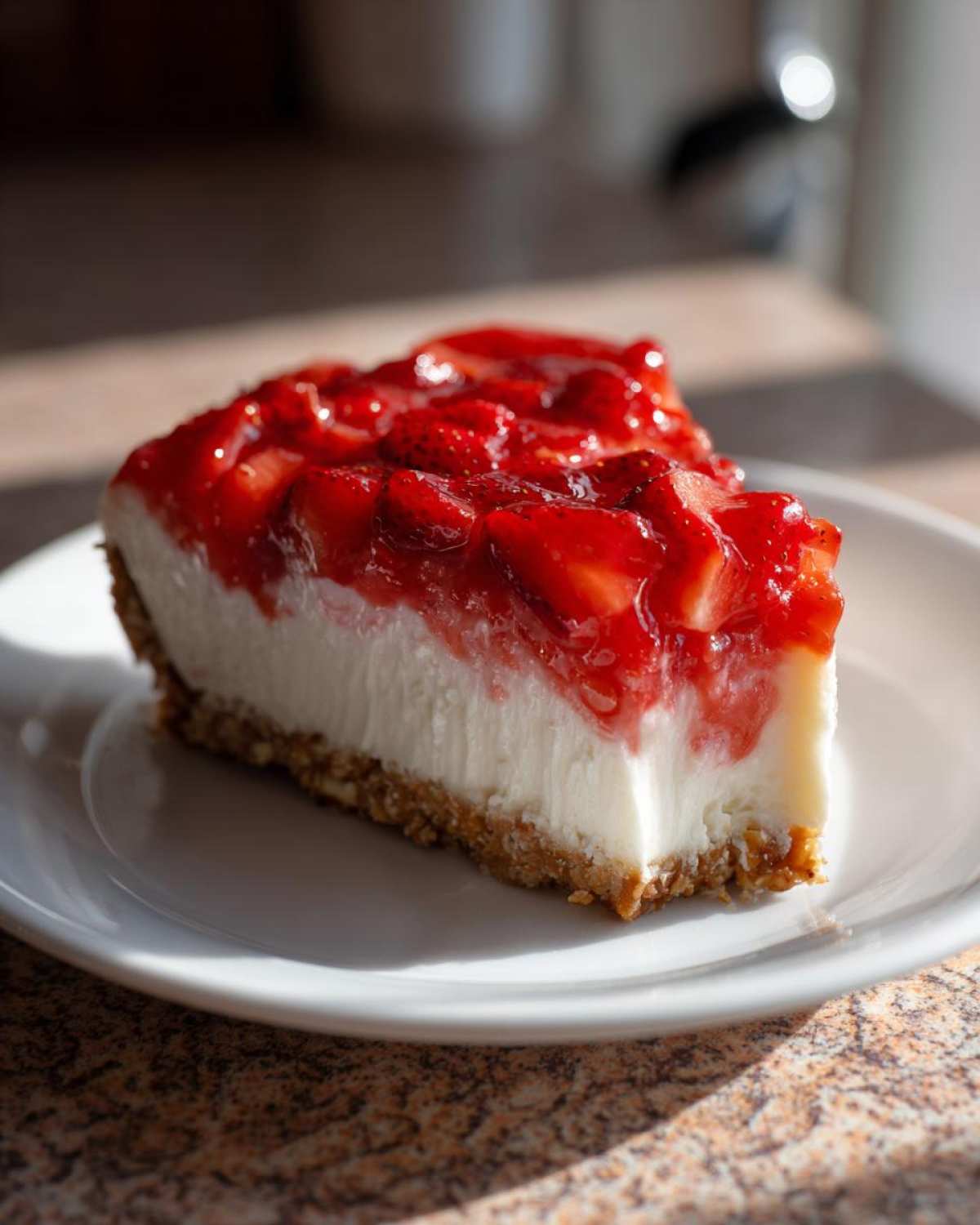 A close-up slice of pretzel salad featuring a thick cream cheese layer and bright red strawberry topping.