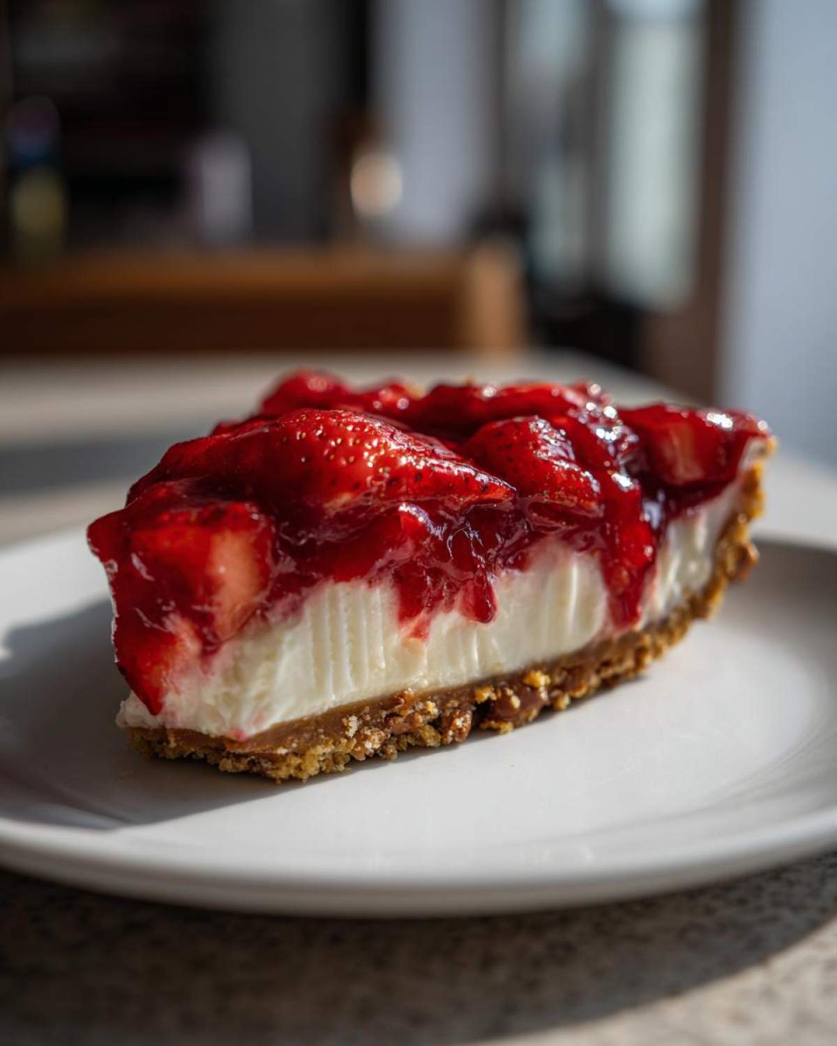A close-up of a slice of pretzel salad featuring a thick cream cheese layer and strawberry topping on a pretzel crust.