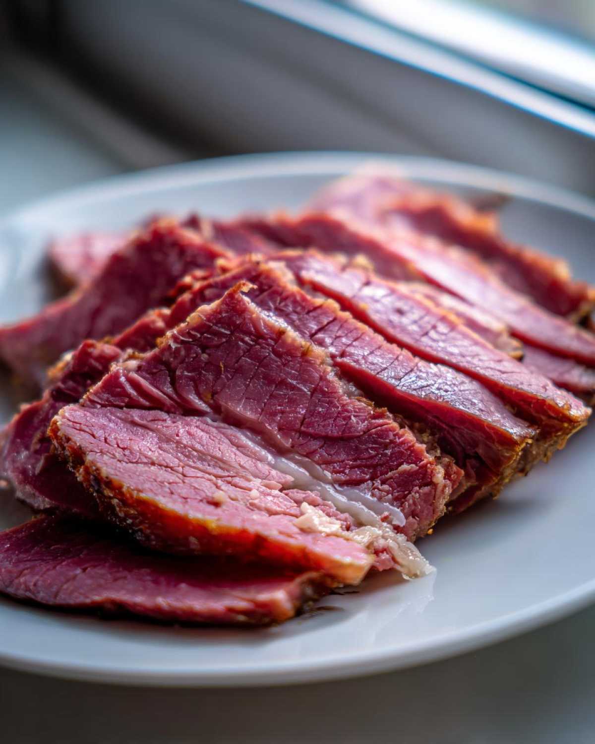 Close-up of several thick, pink slices of cooked corned beef arranged on a white plate.