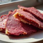 Close-up of several thick slices of pink corned beef, showing the texture and fat cap, resting on a white plate.