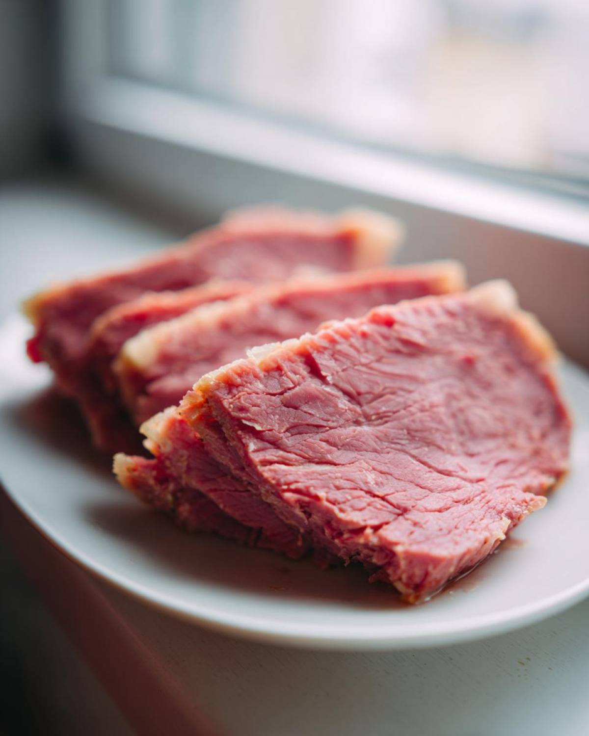 Close-up of thick, tender slices of pink corned beef resting on a white plate near a bright window.