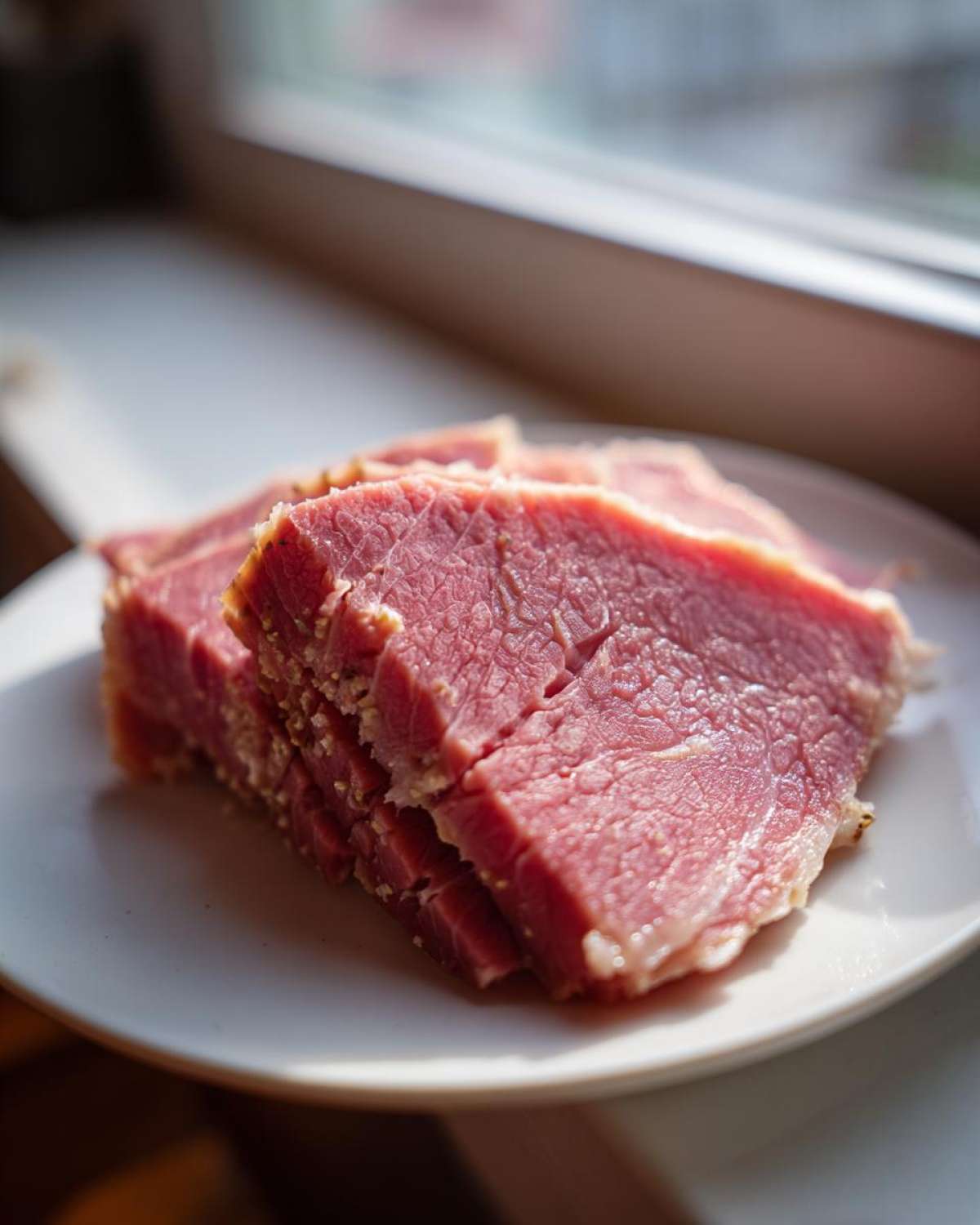 Close-up of several thick slices of pink, cooked corned beef stacked on a white plate near a window.
