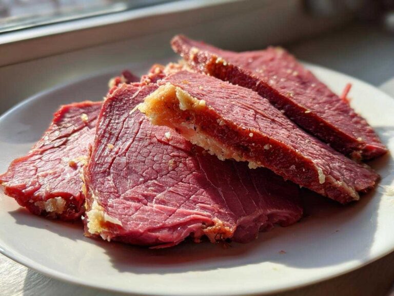 Close-up of several thick slices of pink corned beef, showing the texture and fat cap, resting on a white plate.
