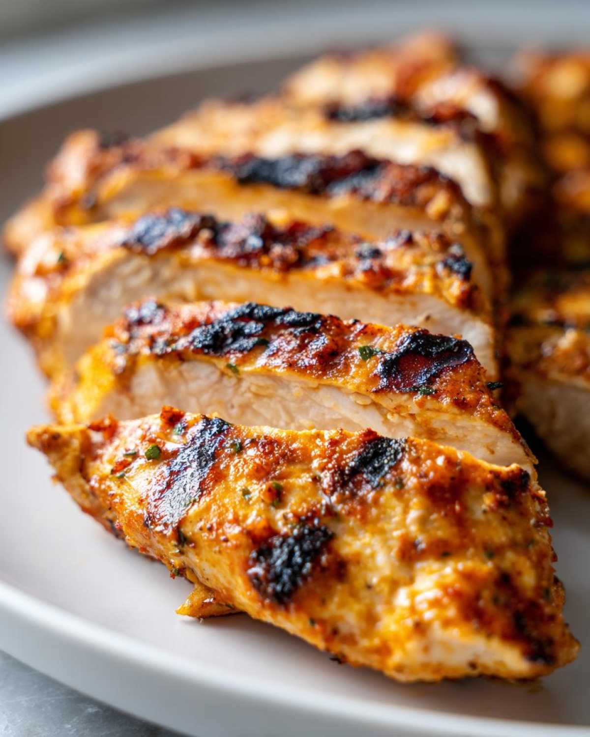 Close-up of perfectly cooked and sliced Fiesta Lime Chicken breasts showing juicy interior and charred seasoning.