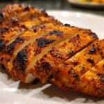 Close-up of perfectly cooked and sliced fiesta lime chicken breast showing a juicy interior and charred, seasoned exterior.